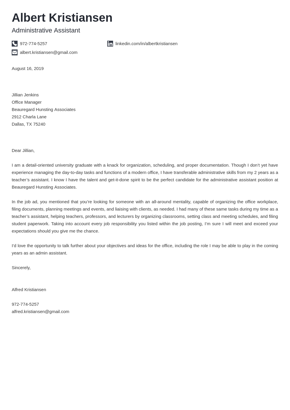 Administrative Assistant Cover Letter: Sample &amp;amp; Templates for Cover Letter Sample Template