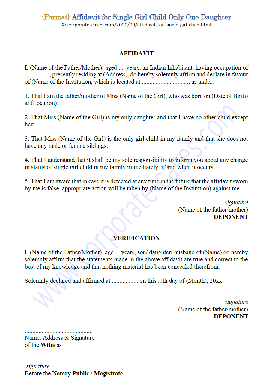 Affidavit For Single Girl Child Only One Daughter (Format) inside Affidavit Of Single Parent Sample Template