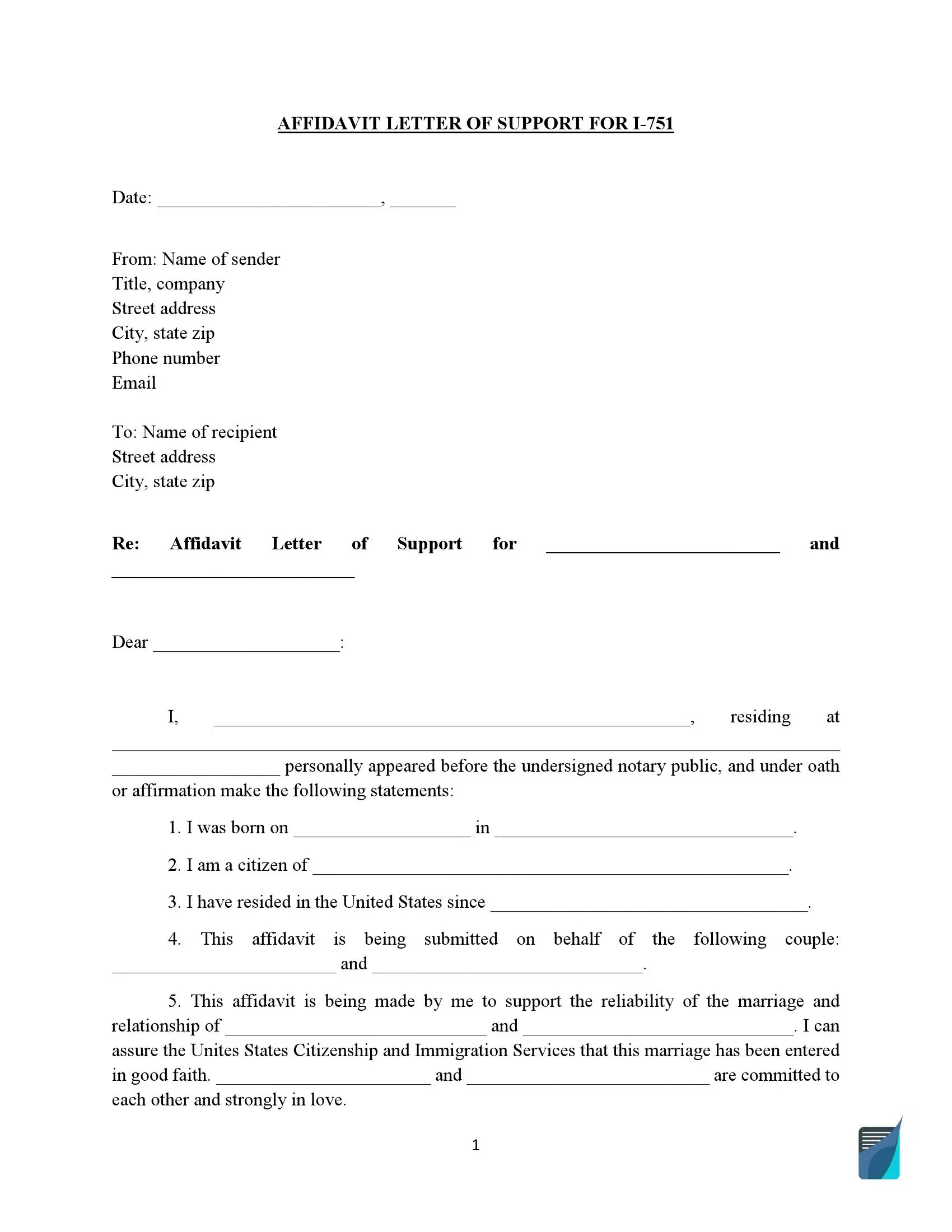 Affidavit Of Friends For I-751 | Bona Fide Marriage Letter within I-751 Affidavit Sample Template