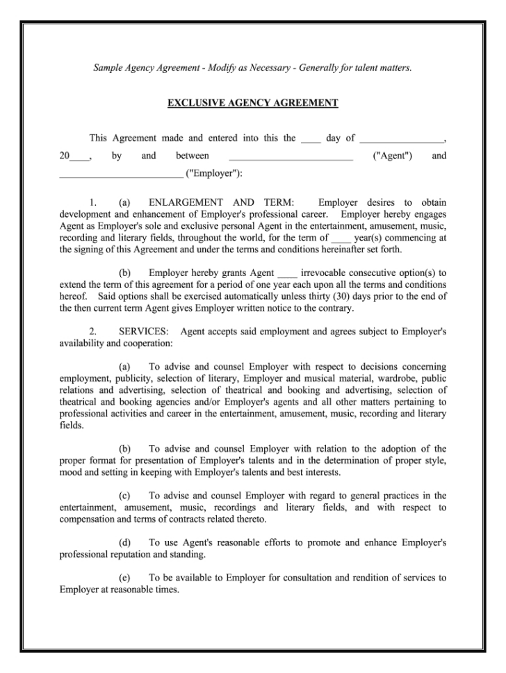 Agency Agreement Template Sample