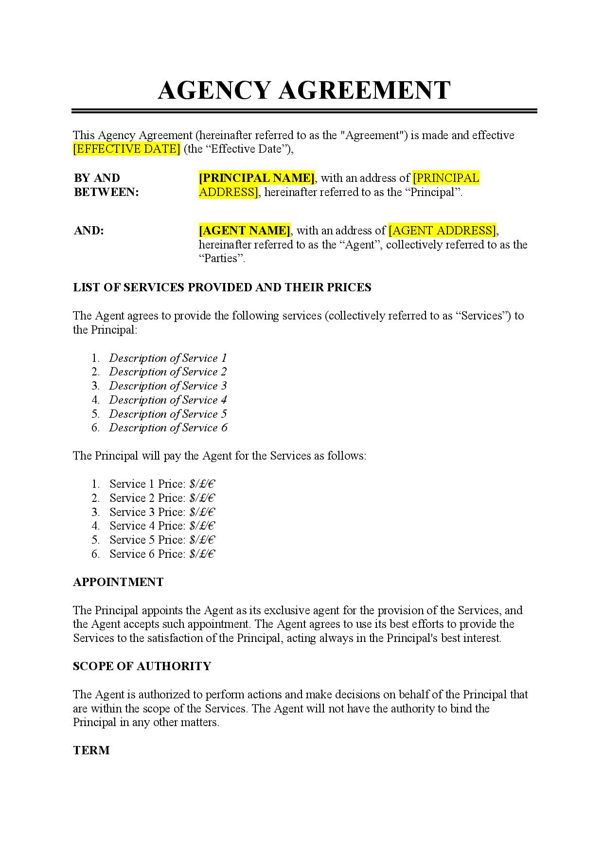 Agency Agreement Template - Free Download - Easy Legal Docs with Agency Agreement Template Sample