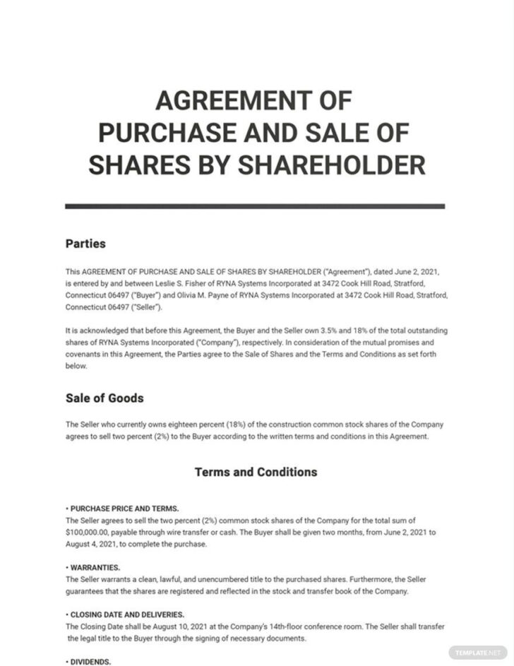 Share Purchase Agreement Sample Template