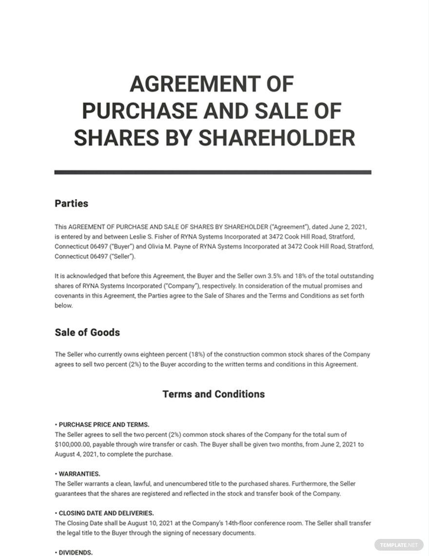 Agreement Of Purchase And Sale Of Sharesshareholder Template in Share Purchase Agreement Sample Template