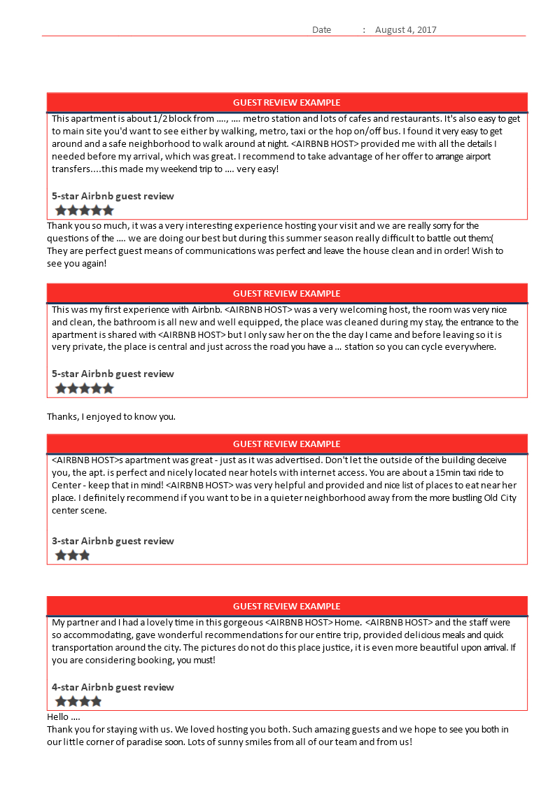 Airbnb Guest Reviews Template | Templates At Allbusinesstemplates throughout Sample Airbnb Host Review Template