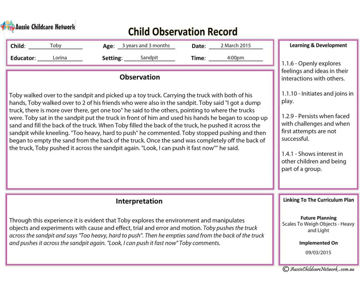 Anecdotal Record - Aussie Childcare Network in Early Childhood Time Sample Observation Template