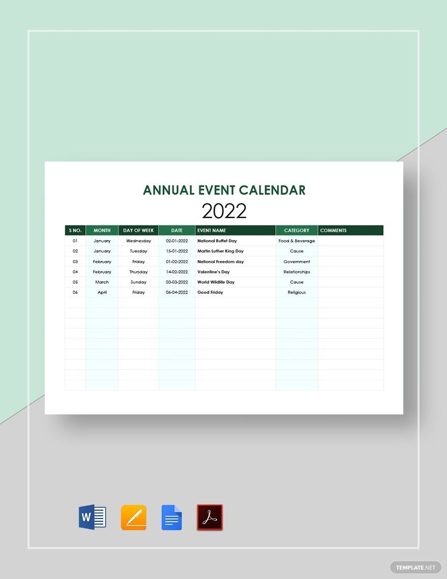 Annual Event Calendar Template In Google Docs, Word, Pages, Pdf within Calendar of Events Sample Template