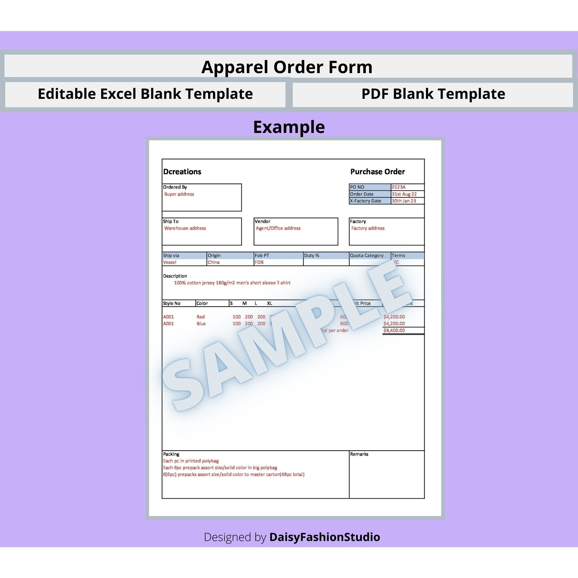 Apparel Order Form Template; Garment Order Form Excel Template; Editable Template with regard to Sample Apparel Order Form Template