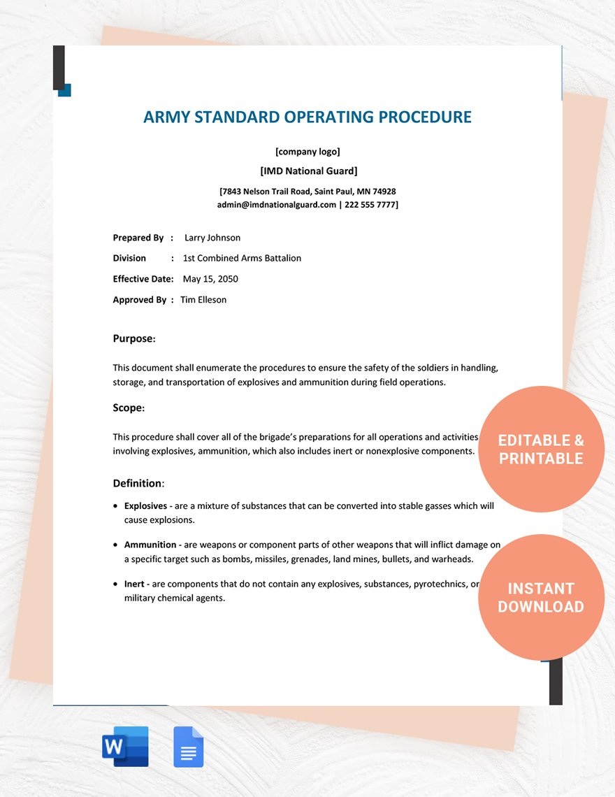 Army Standard Operating Procedure Template In Word, Google Docs throughout Sample Army Sop Template