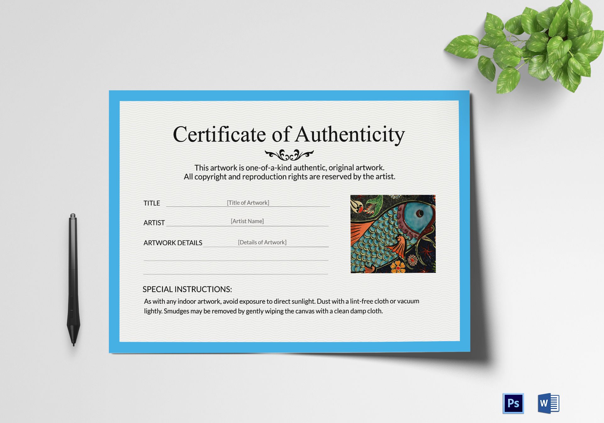 Artwork Authenticity Certificate Design Template In Psd, Word for Certificate Of Authenticity Sample Template