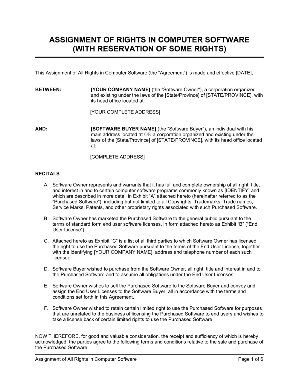 Assignment Of Rights In Computer Software With Reservation pertaining to Reservation of Rights Letter Sample Template