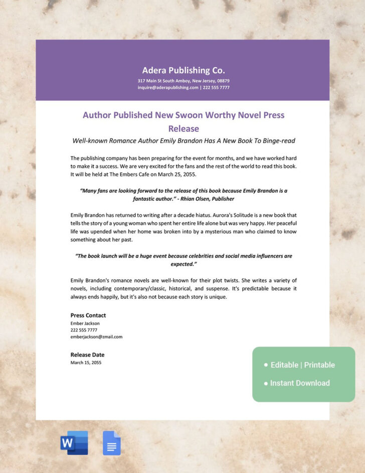 Book Press Release Sample Template