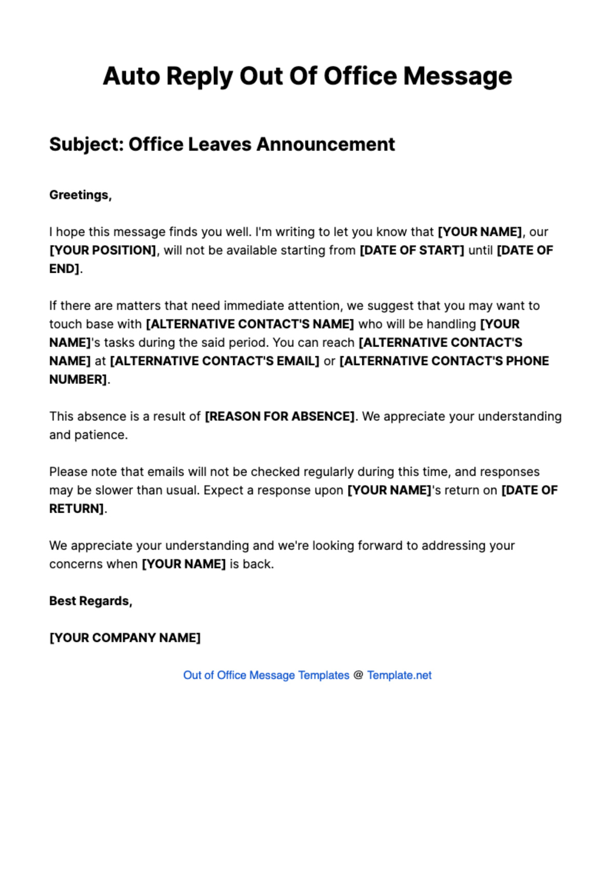 Auto Reply Out Of Office Message Template - Edit Online &amp;amp; Download with regard to Out of Office Email Template Sample