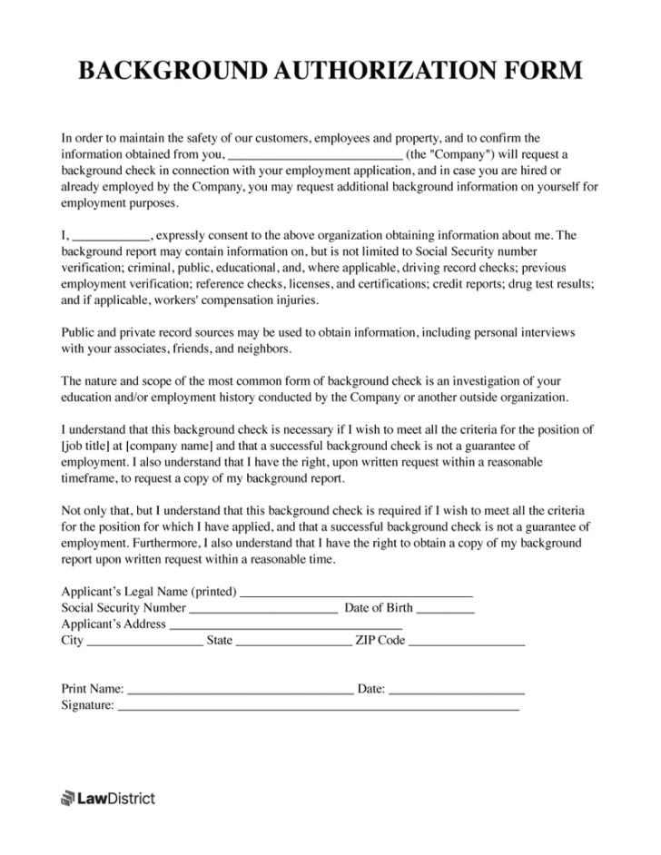 Sample Background Check Release Form Template