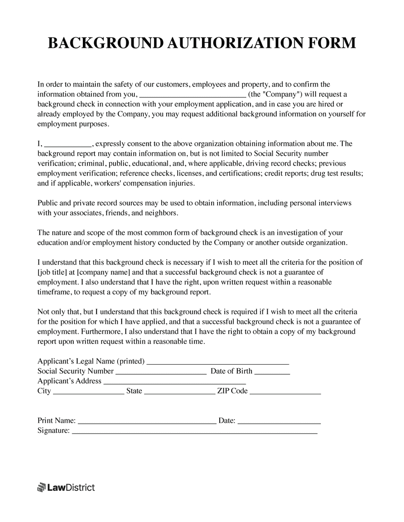 Background Check Authorization Form | Lawdistrict inside Sample Background Check Release Form Template