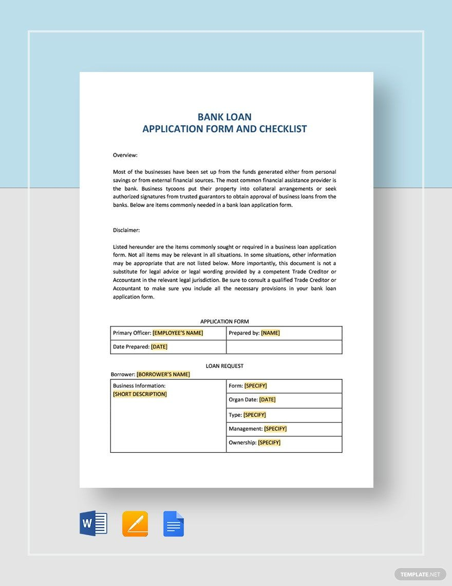 Bank Loan Application Form And Checklist For Restaurant Template for Loan Application Form Sample Template