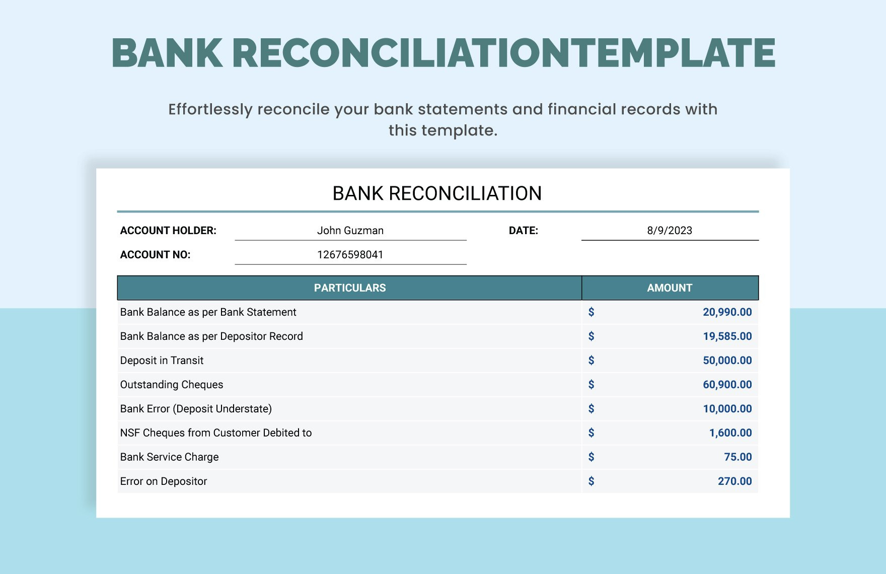 Bank Reconciliation Template In Excel, Google Sheets - Download pertaining to Sample Balance Sheet Reconciliation Template