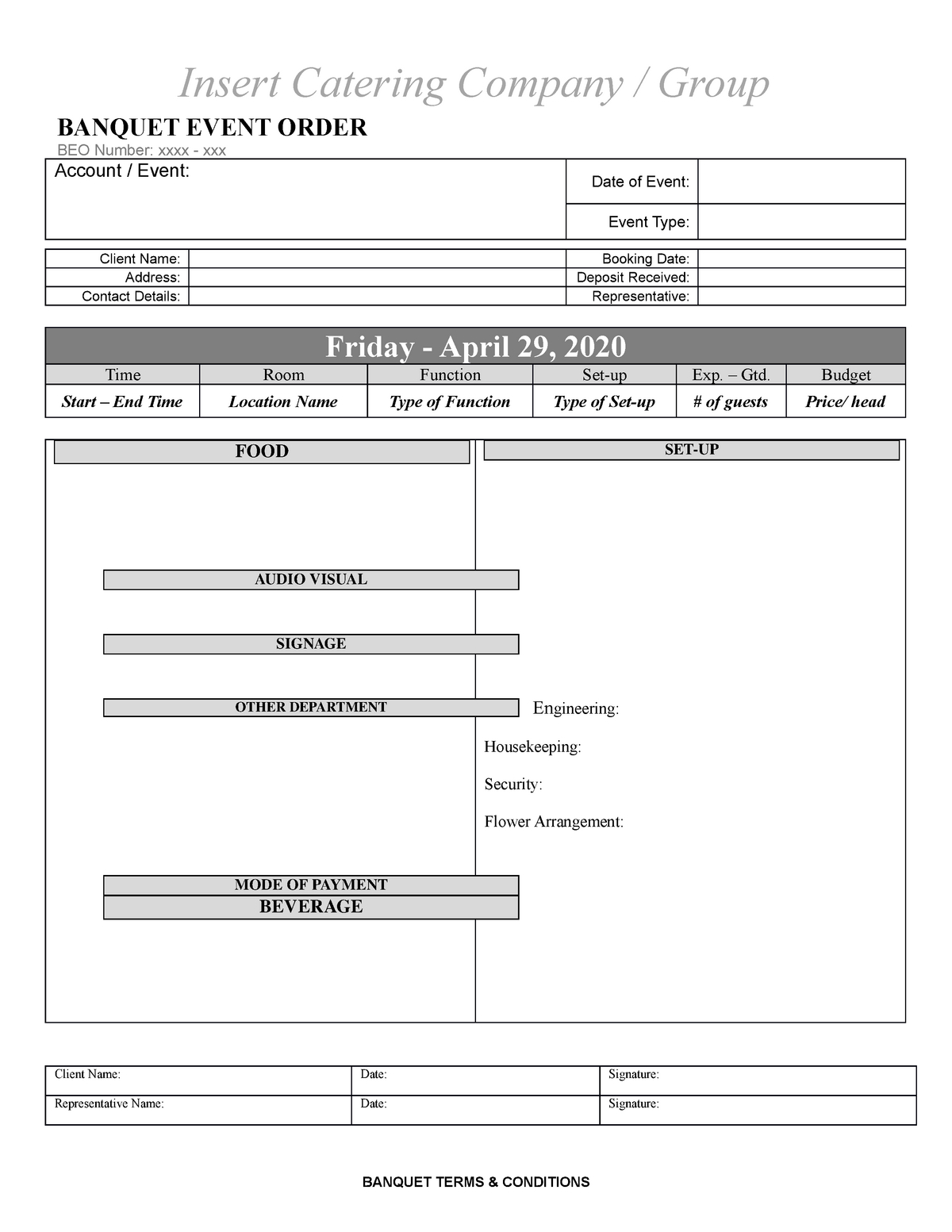 Banquet Event Order Template Summary - Insert Catering Company throughout Sample BEO Template