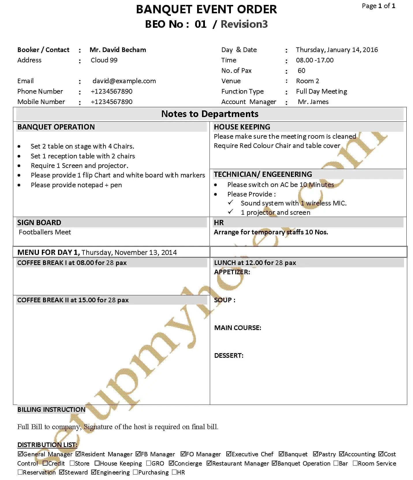 Banquet Function Plan / Event Order Form / Fp / Beo Sample pertaining to Beo Sample Template