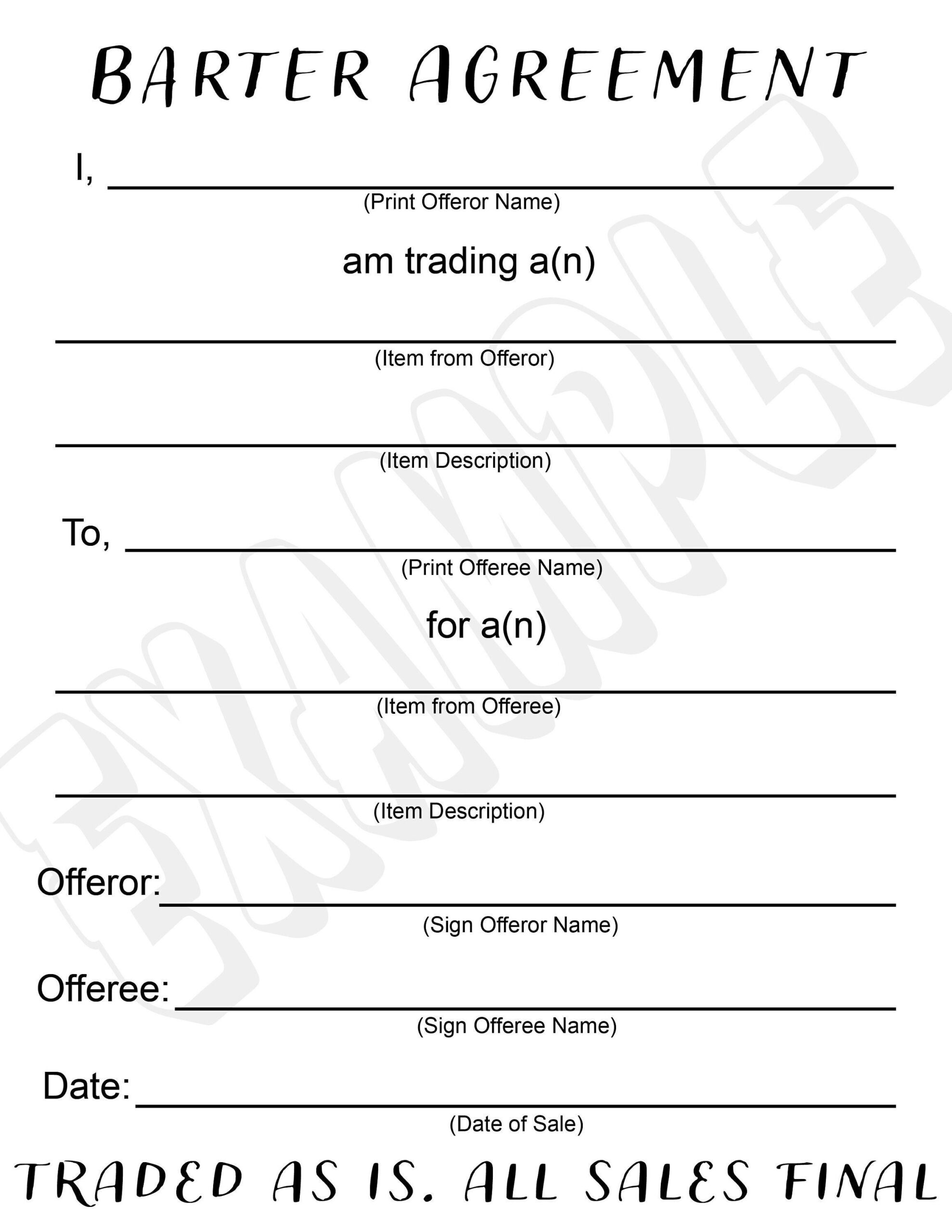 Barter Agreement Trading Contract Plain Blank Form Printable Pdf regarding Sample Barter Agreement Template