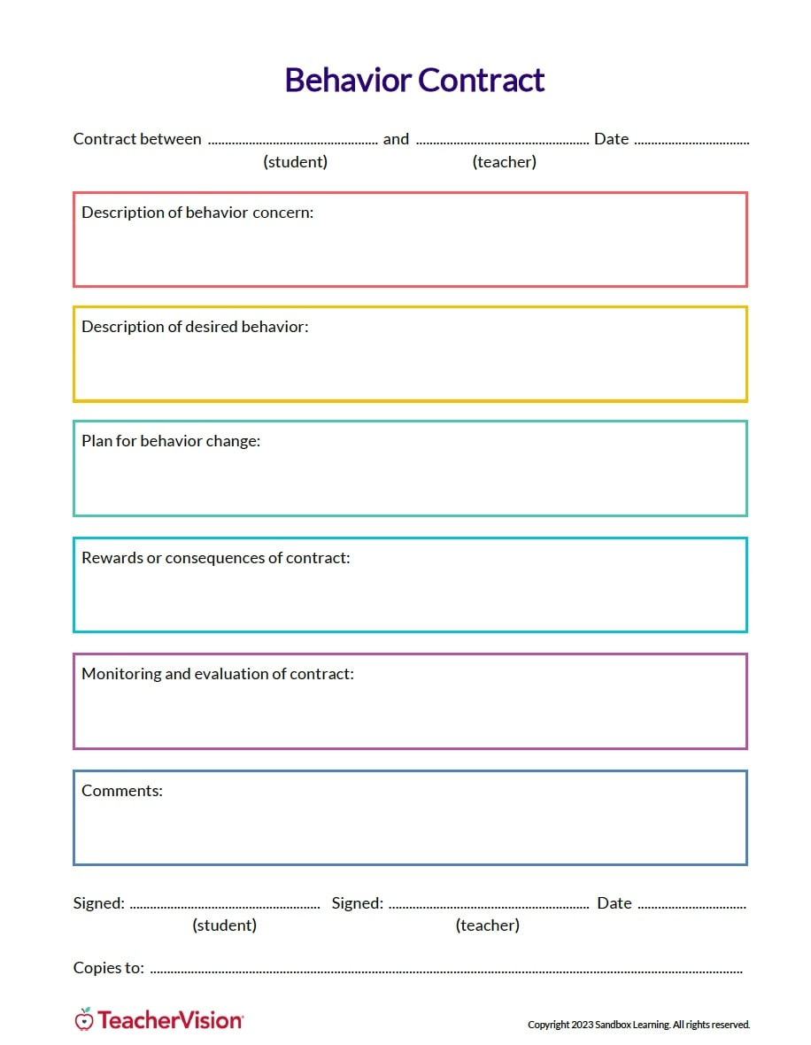 Behavior Contract Template - Teachervision pertaining to Sample Behavior Contract Template