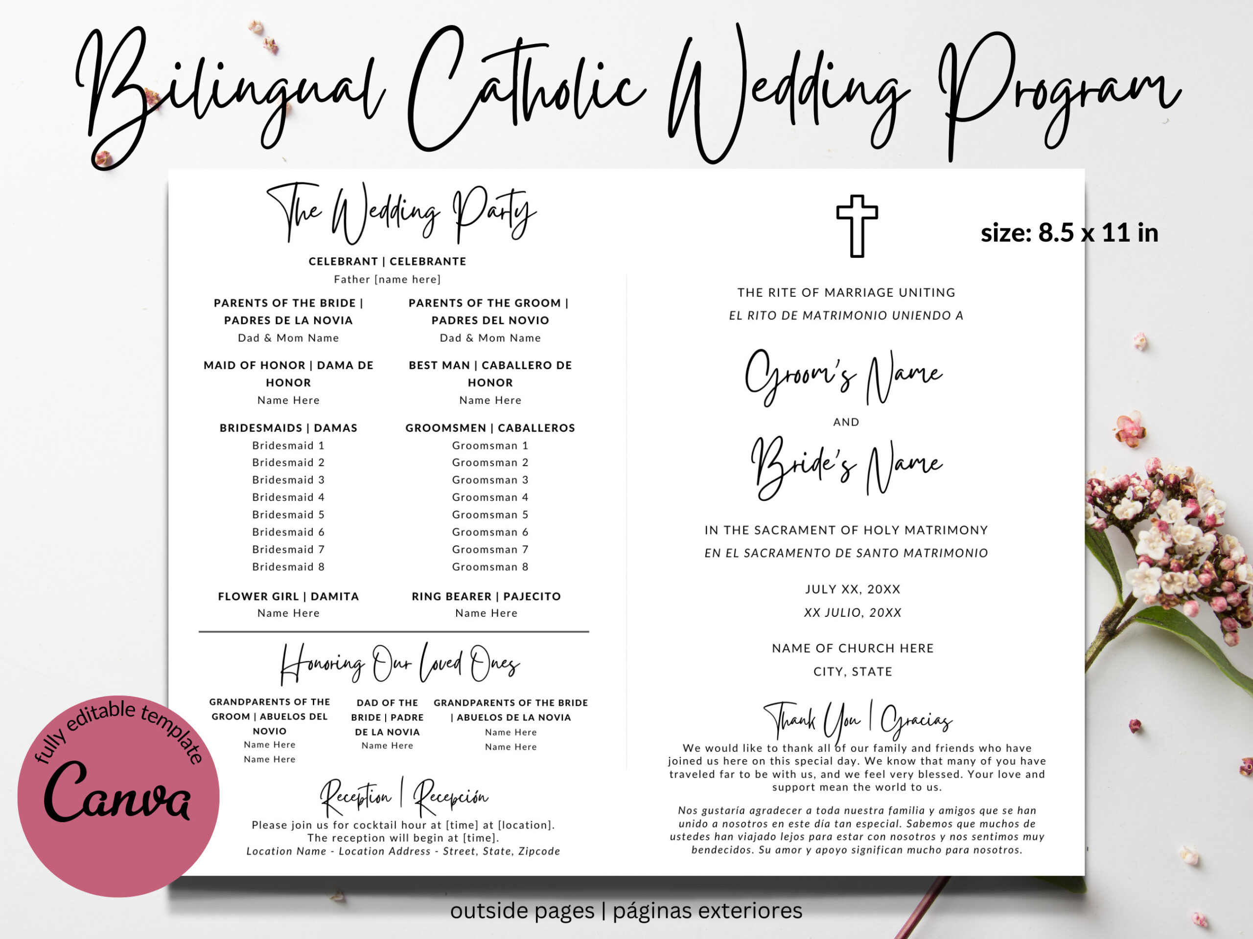 Bilingual Catholic Wedding Program Template Fully Editable Canva in Catholic Wedding Program Template Sample