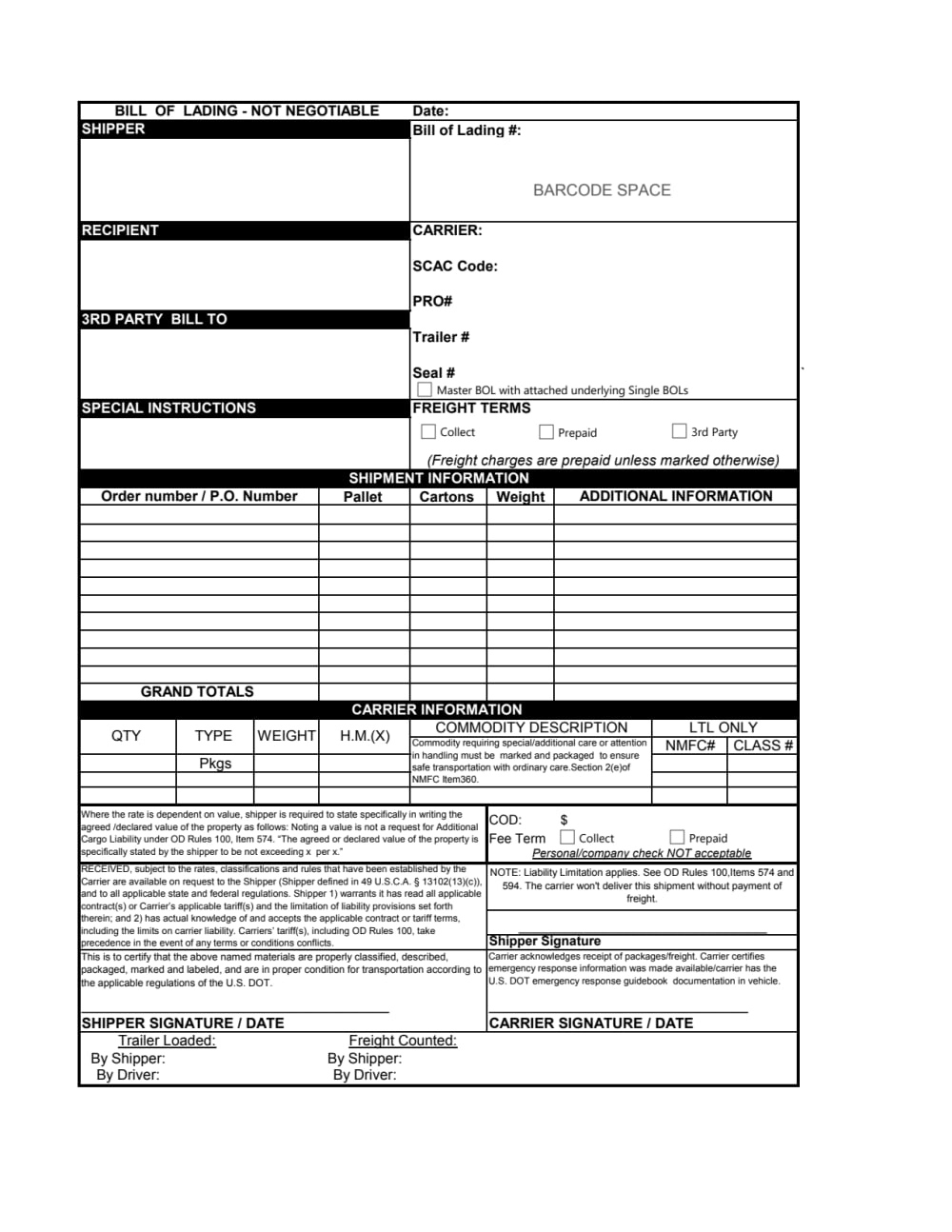 Bill Of Lading Pdf Bol Printable Template Form For Logistics Ltl inside BOL Sample Template