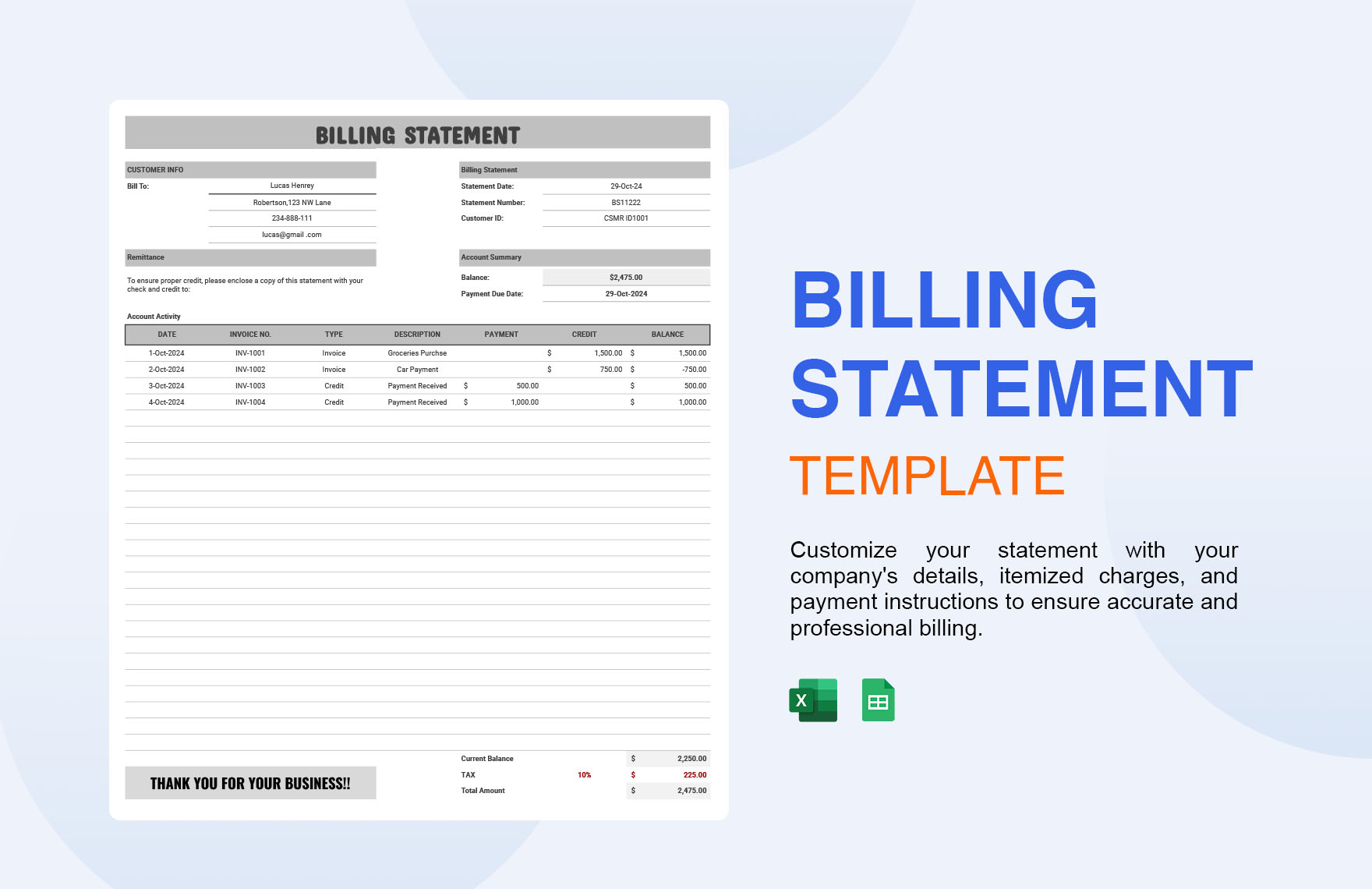 Billing Statement Template In Excel, Google Sheets - Download regarding Sample Billing Statement Template