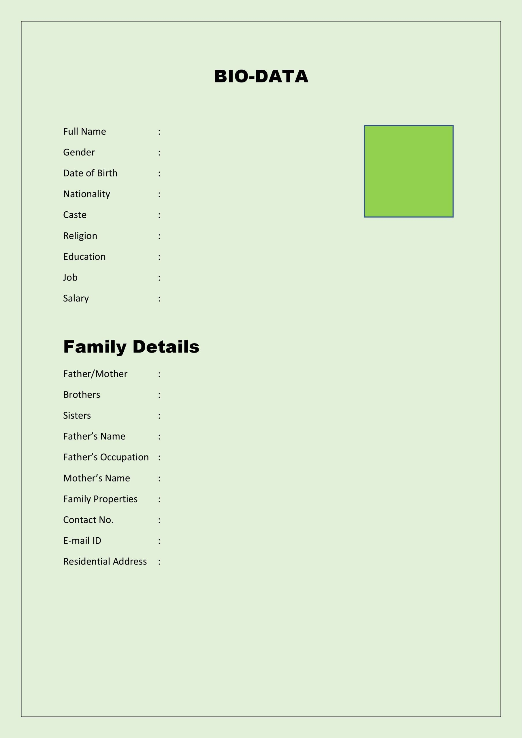 Bio-Data Format For Marriage -Free Word And Pdf Samples pertaining to Biodata Sample Template