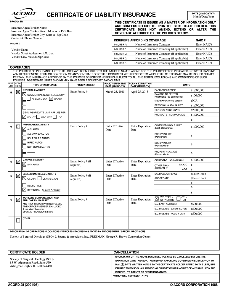 Blank Coi - Fill Online, Printable, Fillable, Blank | Pdffiller for COI Sample Template