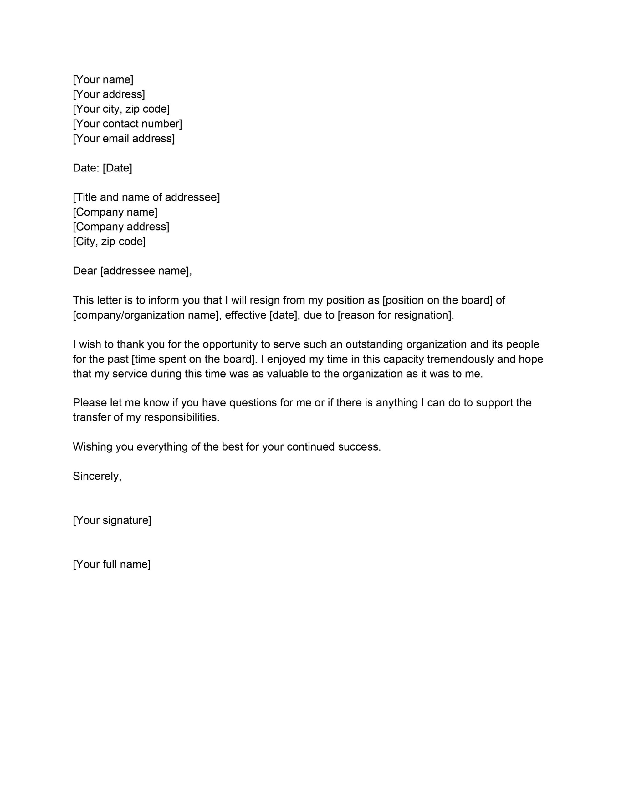 Board Member Resignation Letter Template with Board Resignation Letter Sample Template