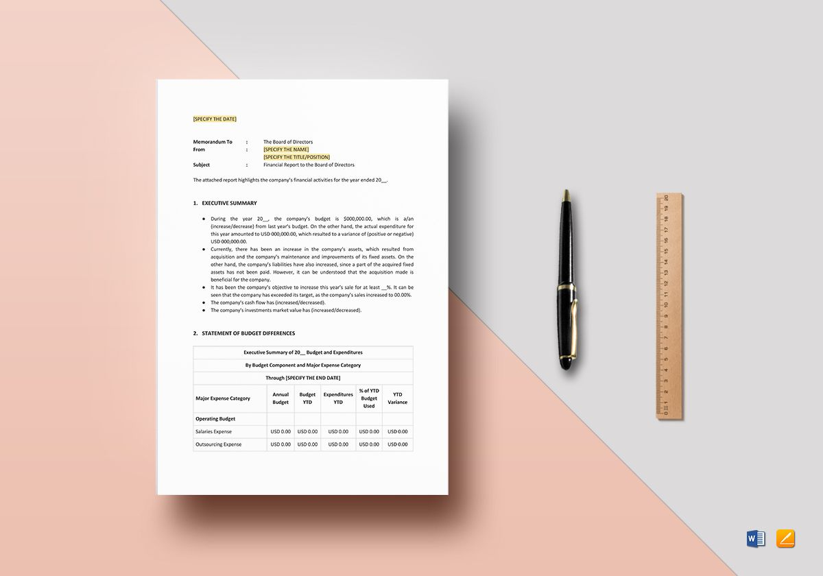 Board Of Directors Financial Report Template In Word, Apple Pages intended for Board Report Sample Template