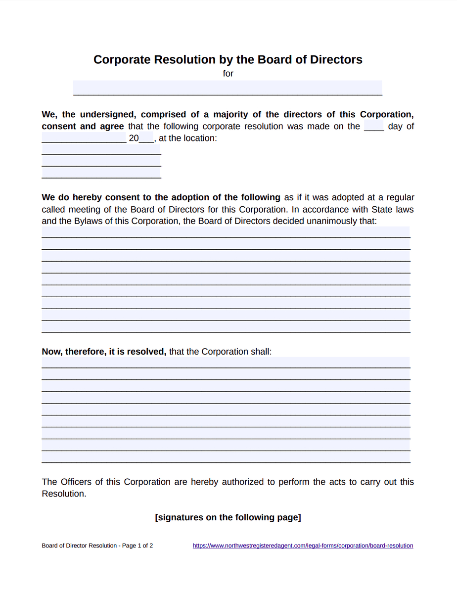 Board Of Directors Resolution – Free Template intended for Board Of Directors Resolution Template Sample