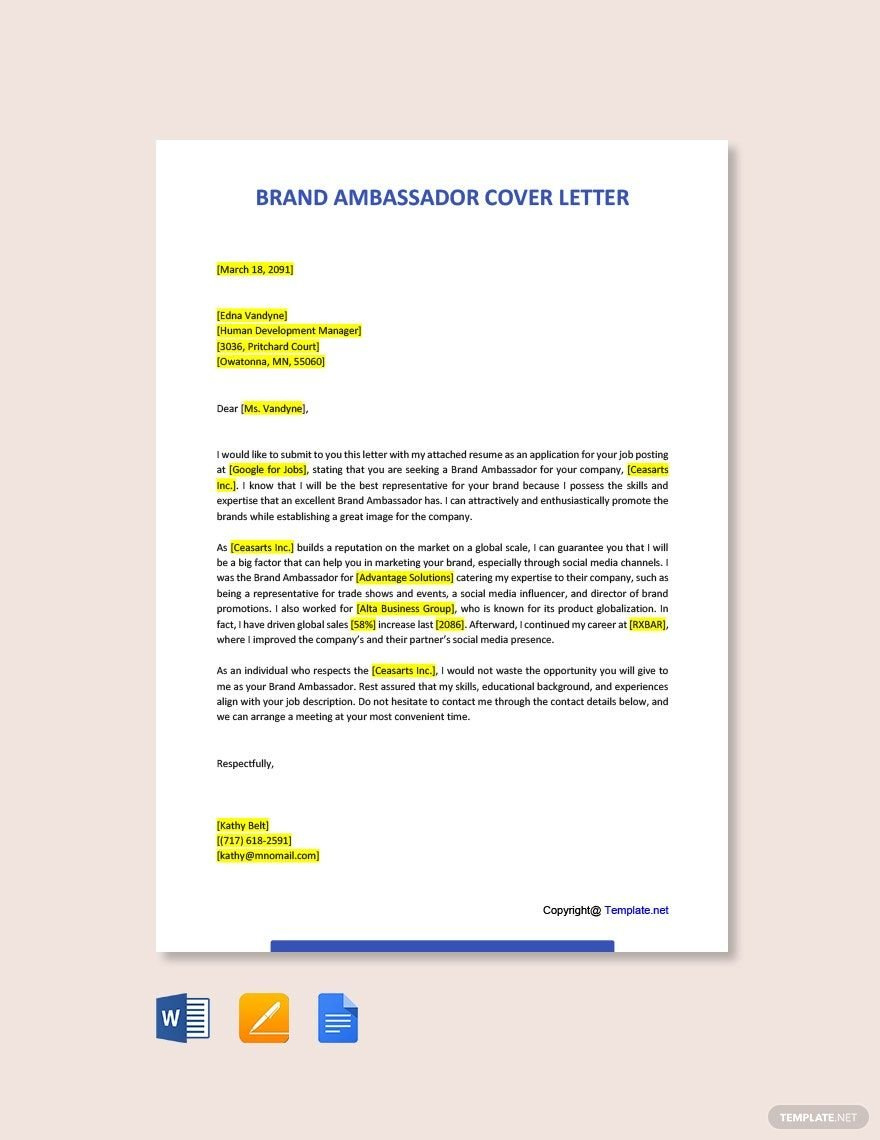 Brand Ambassador Cover Letter In Google Docs, Word, Pages, Pdf regarding Diplomatic Letter Sample Template