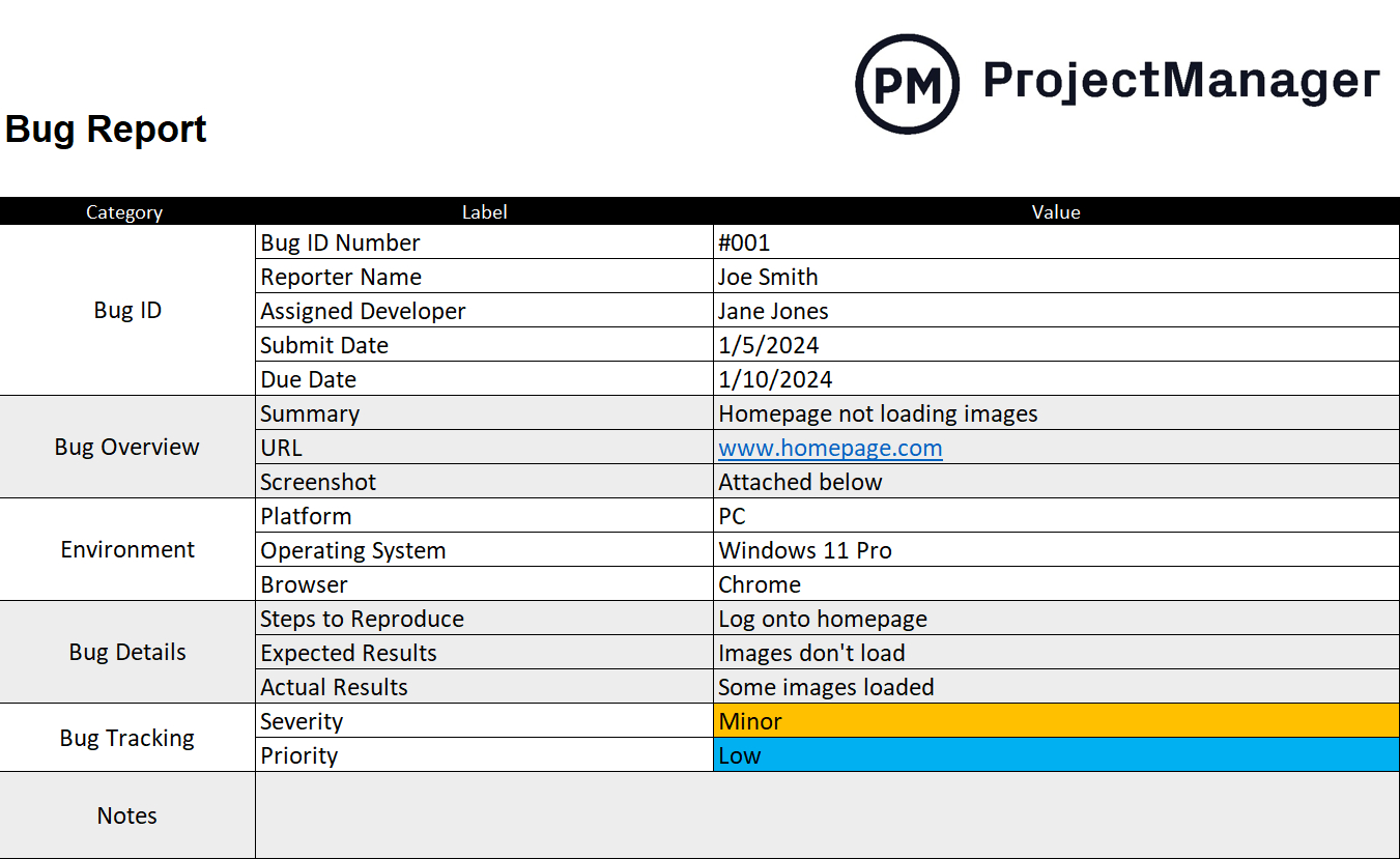 Bug Report Template For Excel (Free Download) in Bug Report Sample Template