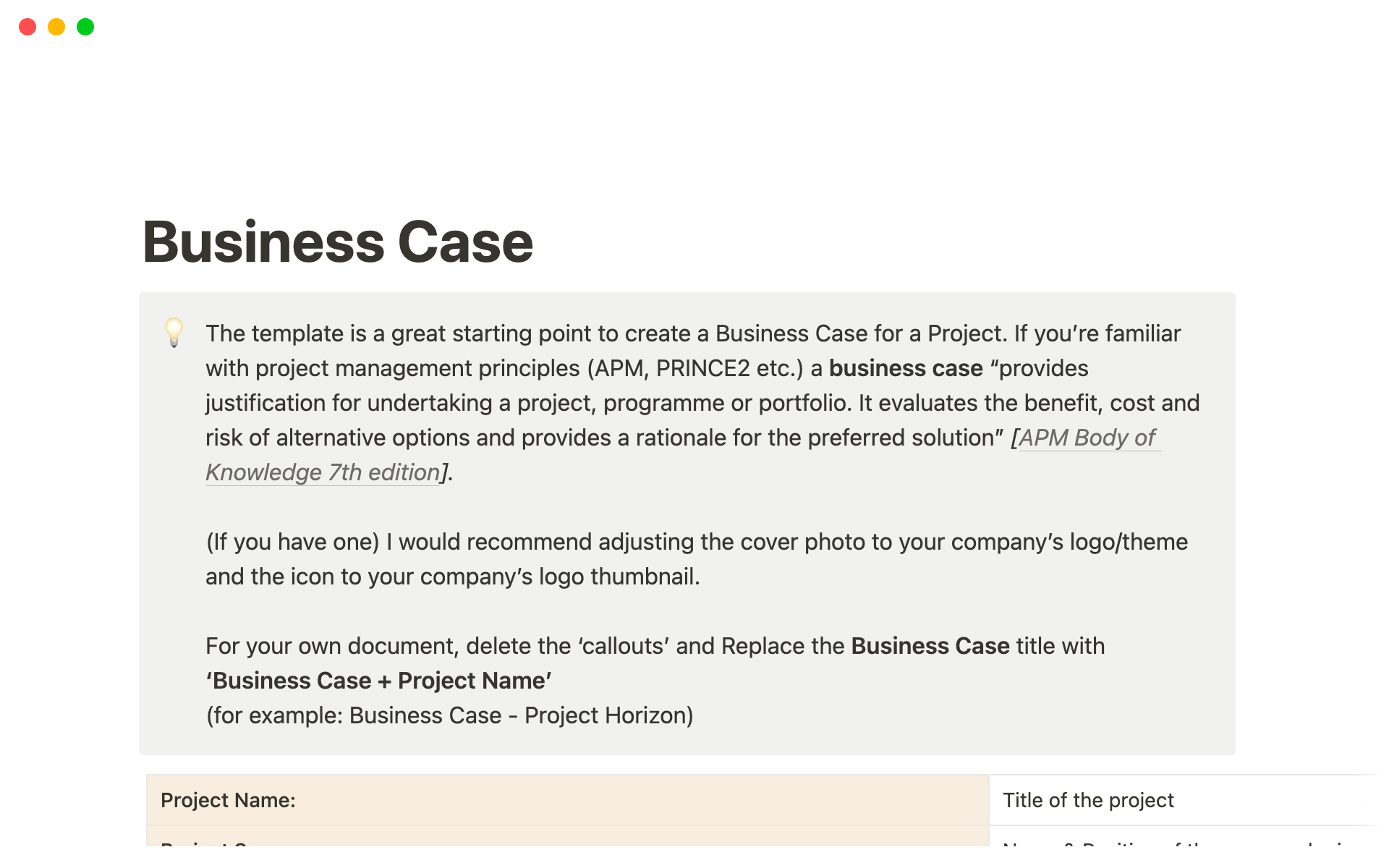 Business Case Template | Notion Template with Business Case Template Sample