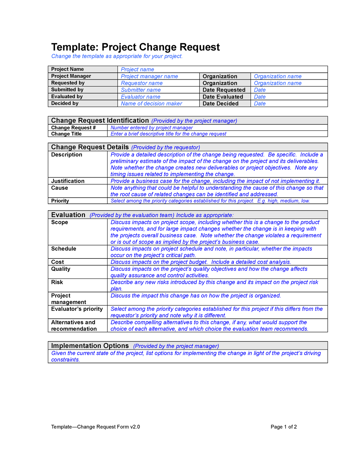 Business Change Request Form - Template: Project Change Request pertaining to Change Request Form Sample Template