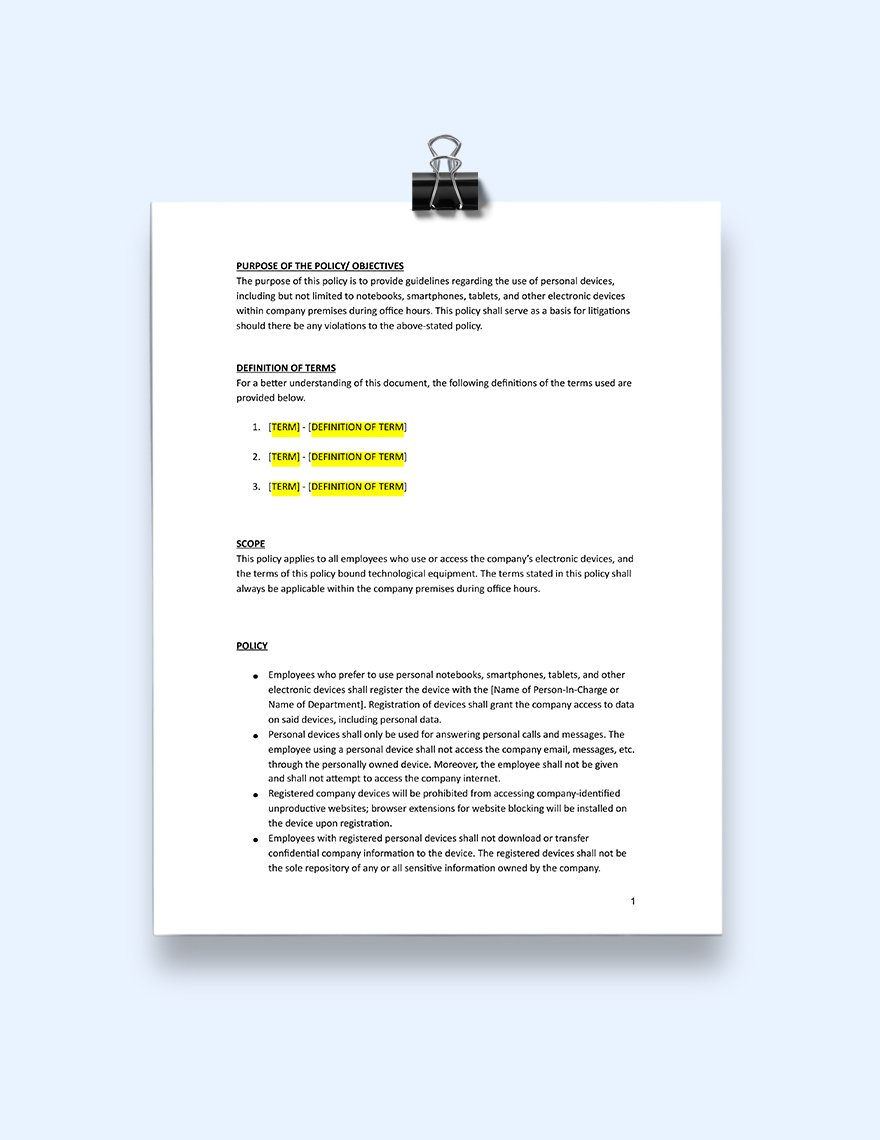 Byod (Bring Your Own Device) Policy Template In Pages, Word for BYOD Policy Template Sample