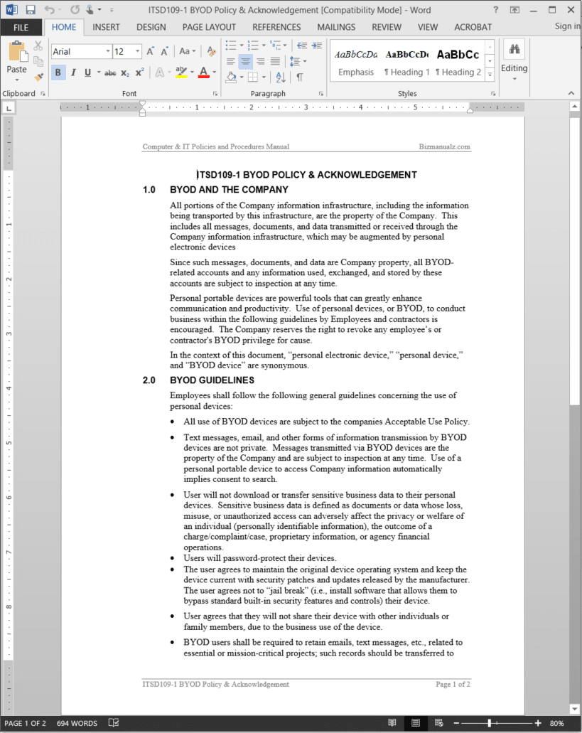 Byod Policy &amp;amp; Acknowledgement Template Word throughout BYOD Policy Template Sample