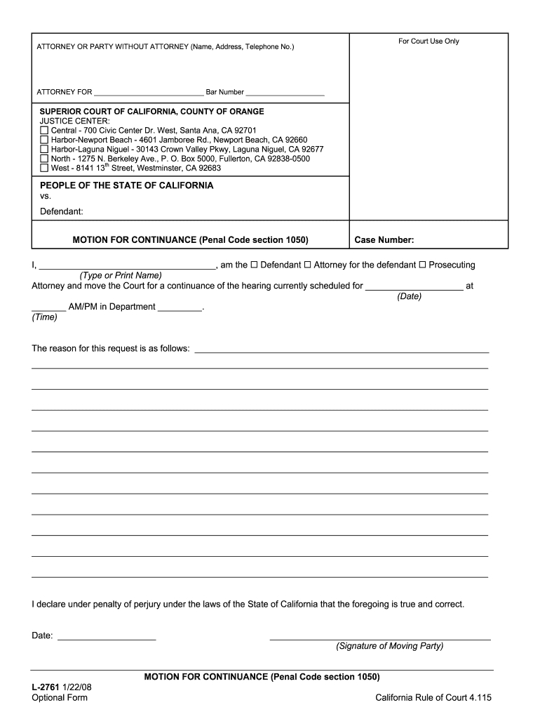 California Motion For Continuance - Fill Online, Printable with regard to Motion For Continuance Sample Template