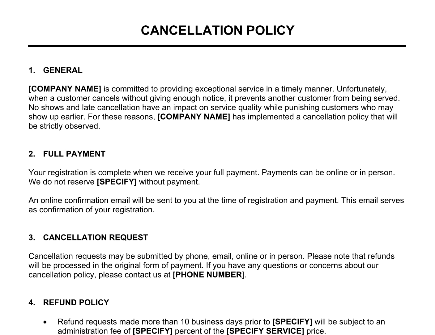 Cancellation Policy throughout No Refund Policy Sample Template