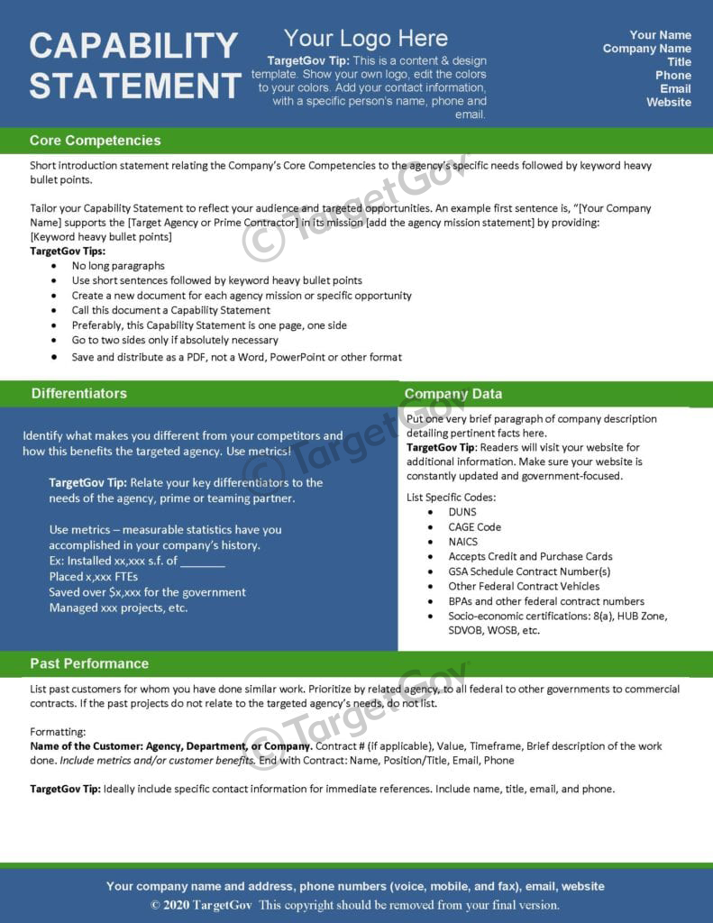 Capability Statement Editable Template - Blue And Green pertaining to Capability Statement Sample Template