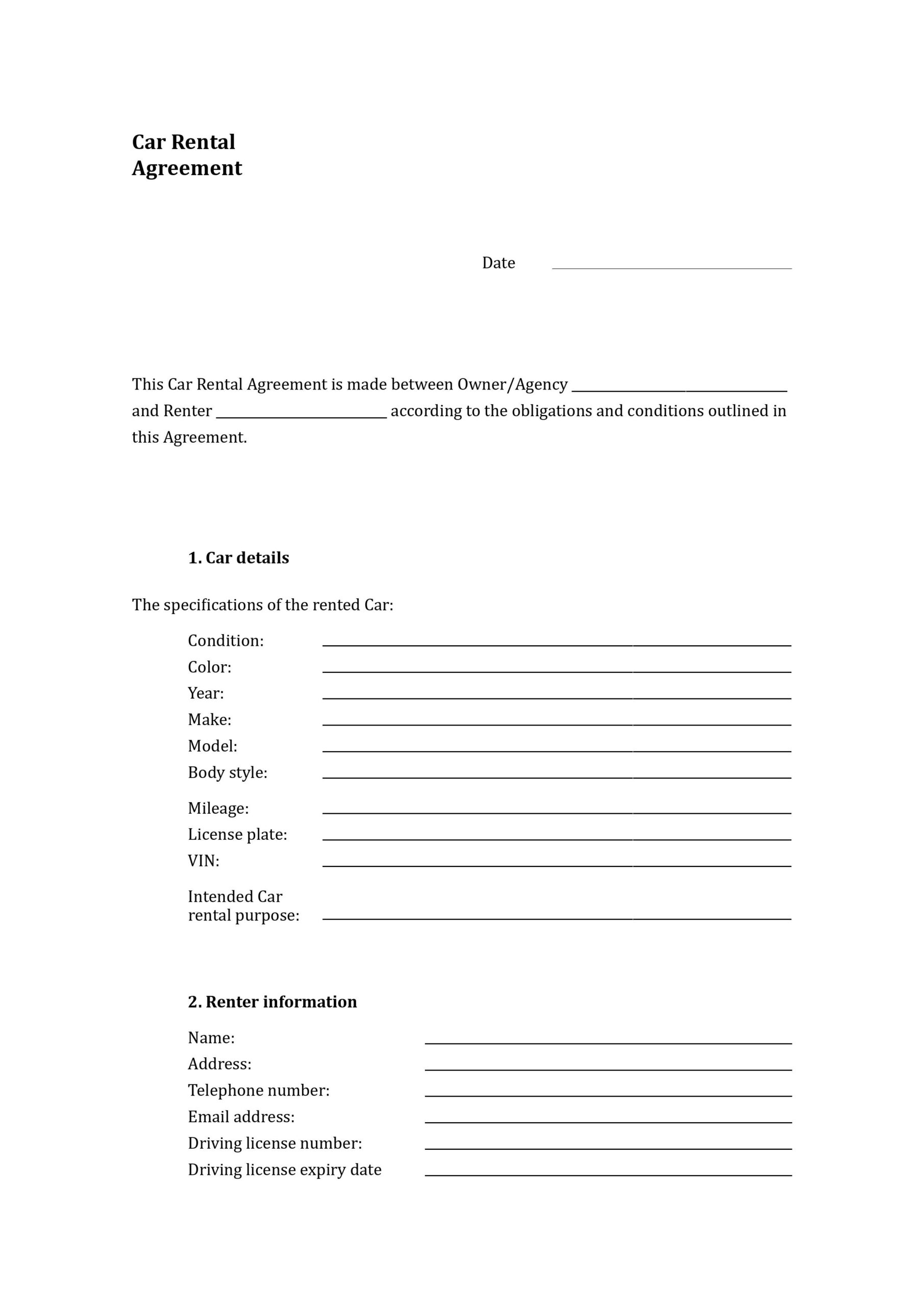 Car Rental Agreement Template intended for Car Rental Contract Template Sample