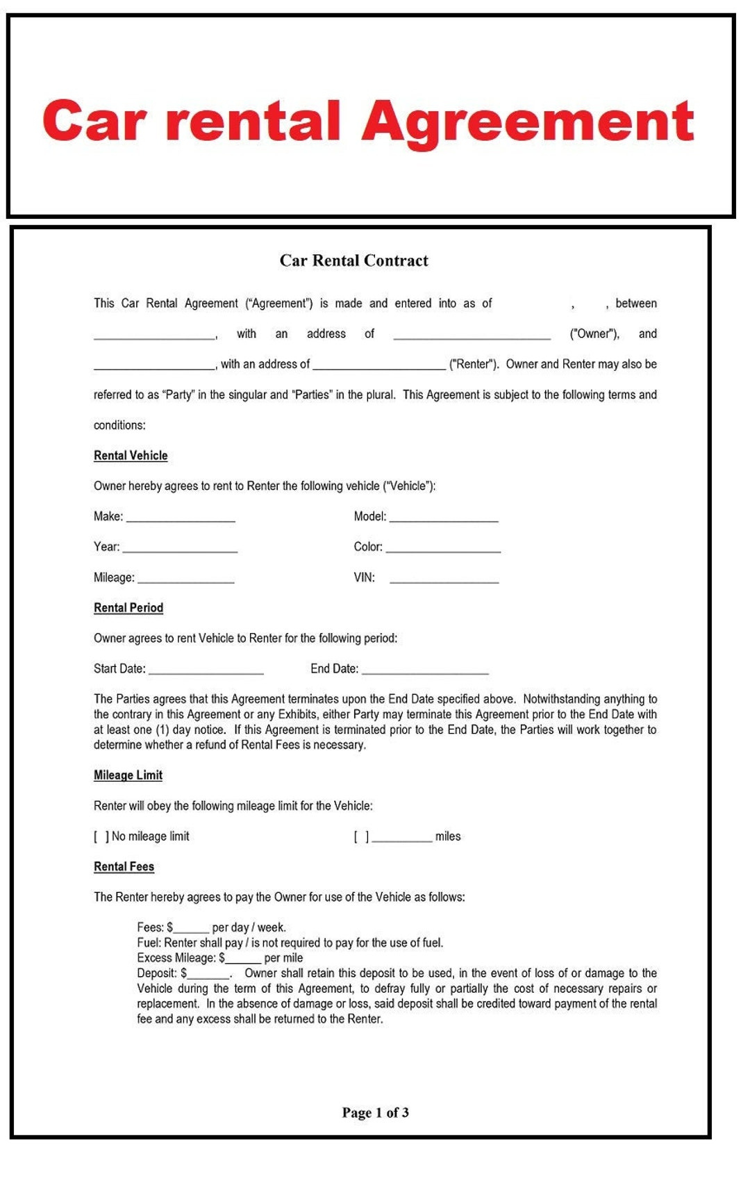 Car Rental Agreement Vehicle Rental Agreement Car Rentals Contract with regard to Car Rental Contract Template Sample