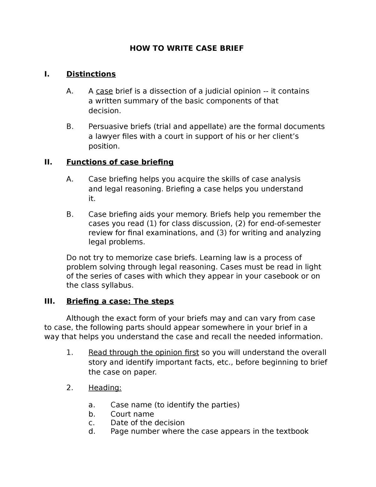 Case Brief Template 14 - How To Write Case Brief I. Distinctions A for Case Brief Format Sample Template