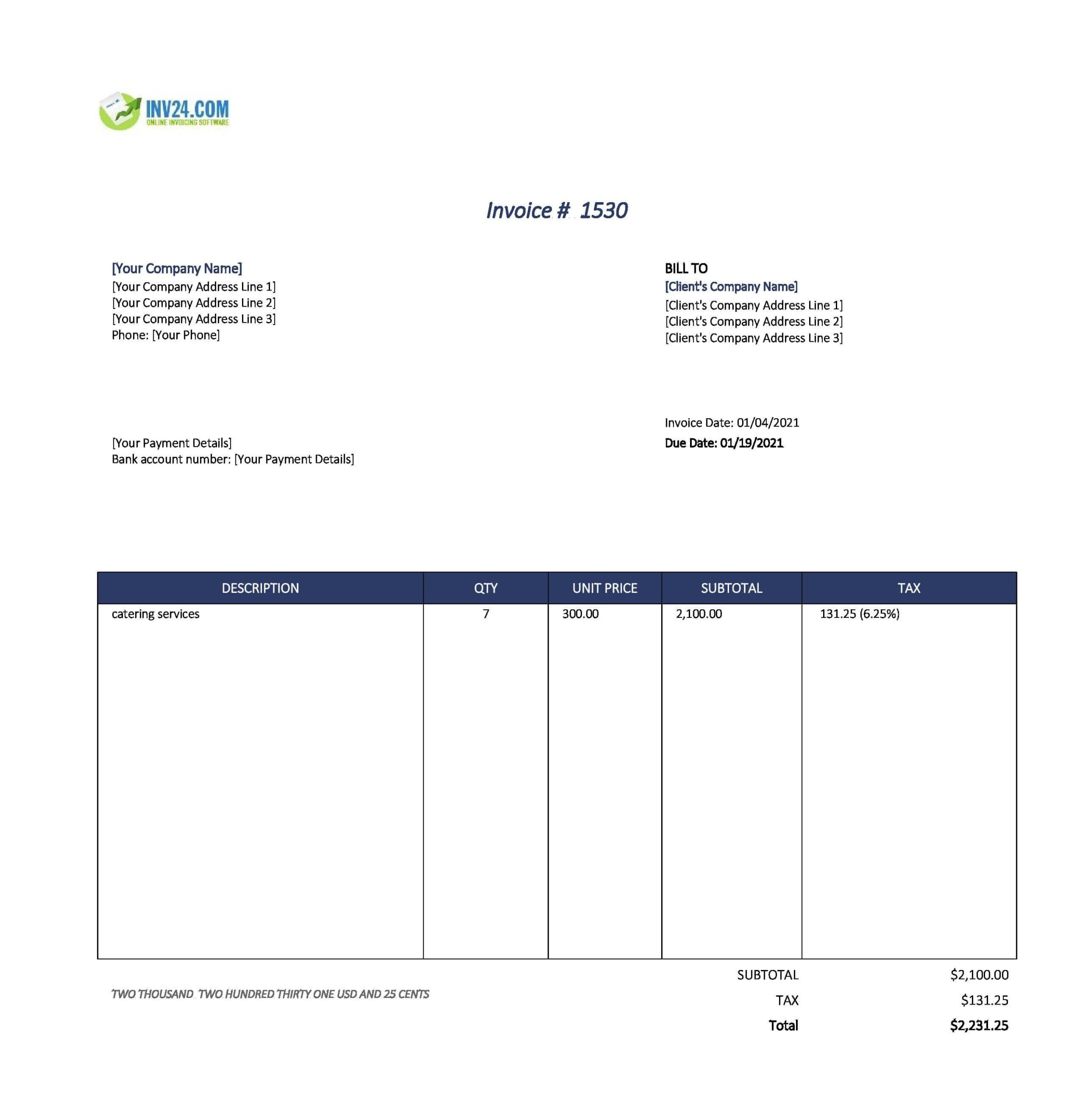 Catering Invoice Template (Excel) intended for Catering Invoice Sample Template