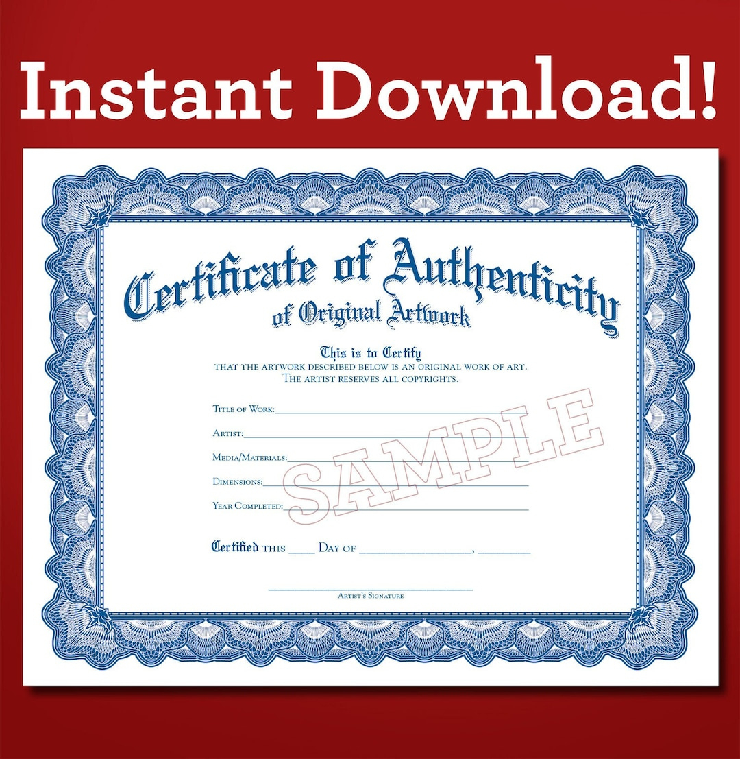 Certificate Of Authenticity Of Original Artwork Printable Instant inside Certificate Of Authenticity Sample Template