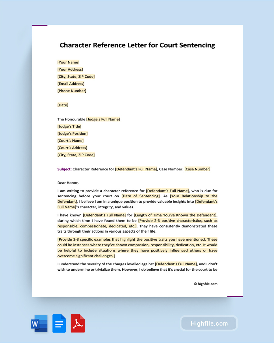 Character Reference Letter For Court From Employer - Word | Pdf regarding Character Letter to Judge Template Sample