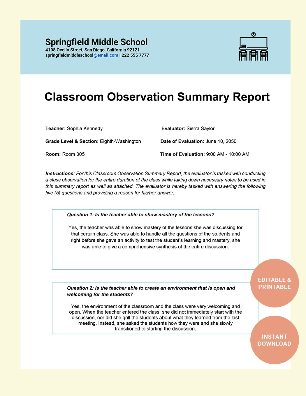 Classroom Observation Summary Report Template In Word, Google Docs intended for Event Observation Sample Template