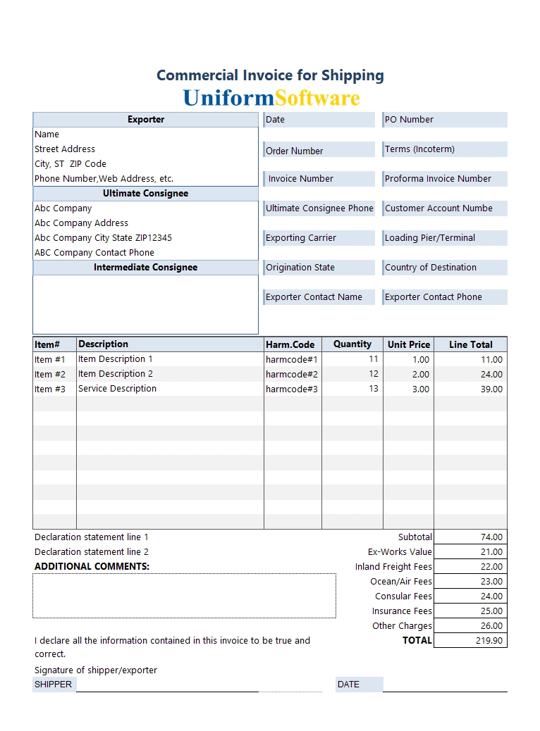 Commercial Invoice Templates inside Shipping Invoice Template Sample