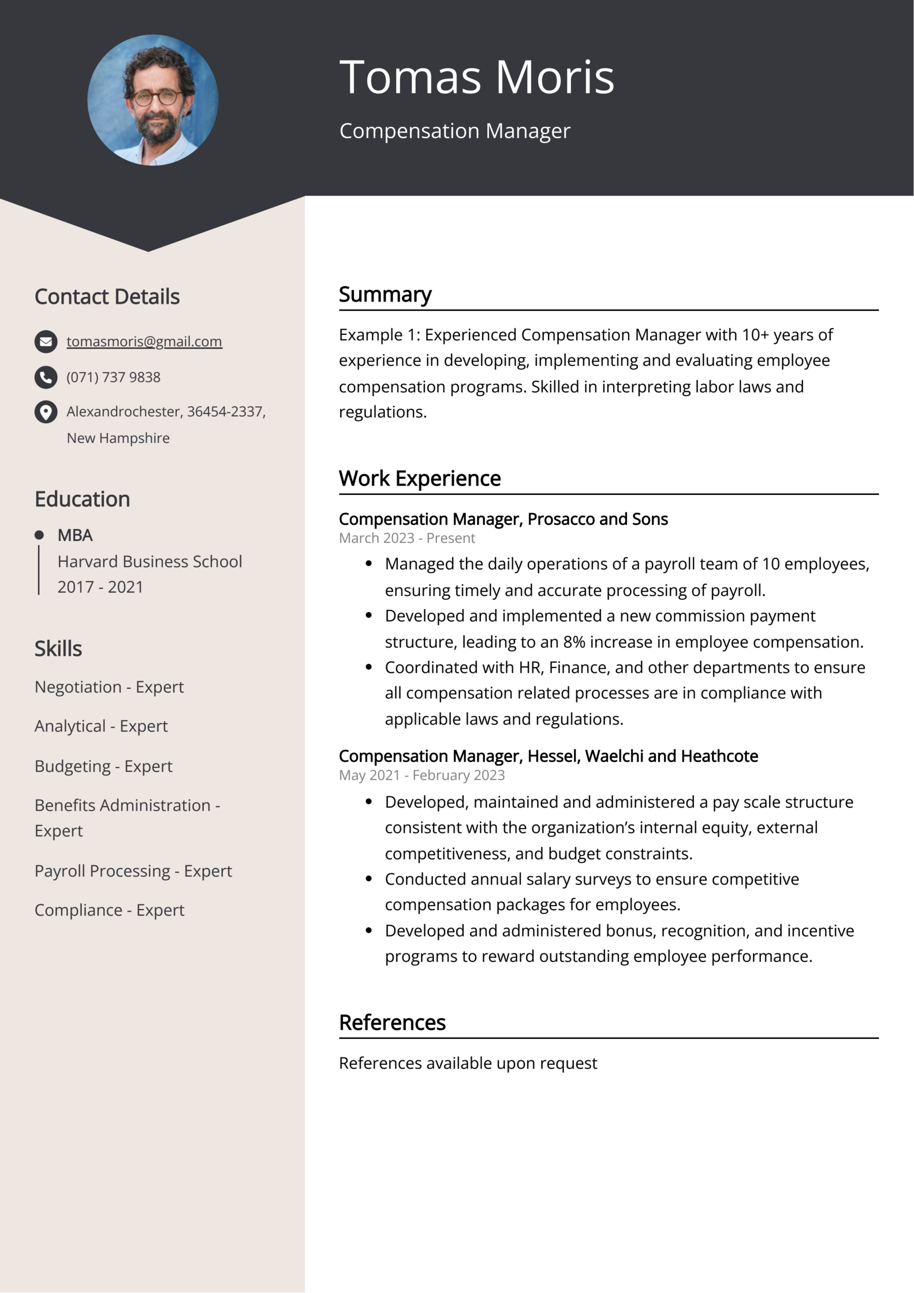 Compensation Manager Cv Example For 2024 intended for Salary Requirements Sample Template